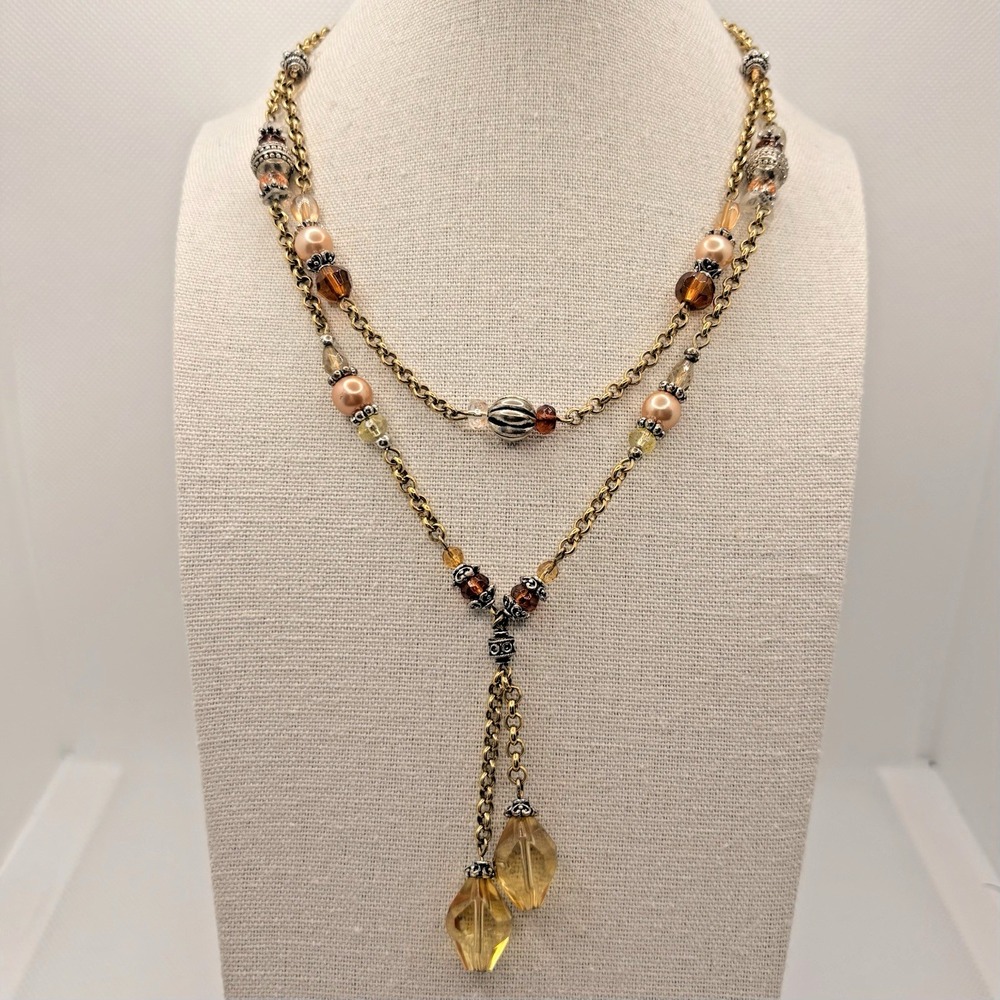 Vintage Avon Double Strand Amber Beaded Lariat Tassel Necklace Elegant Chic Boho